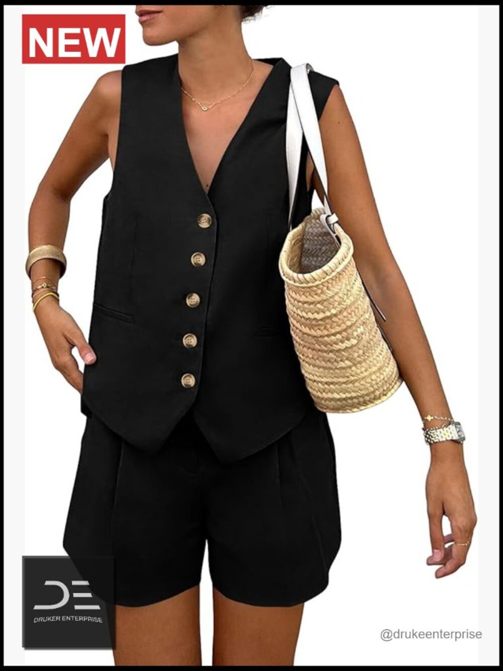 Women's Sleeveless 2 Piece Outfits Vest Waistcoat and Pockets Shorts